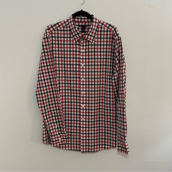 GAP Men's Button Down Poplin Red Plaid XL Slim Fit Long Sleeve Shirt - Picture 2 of 9